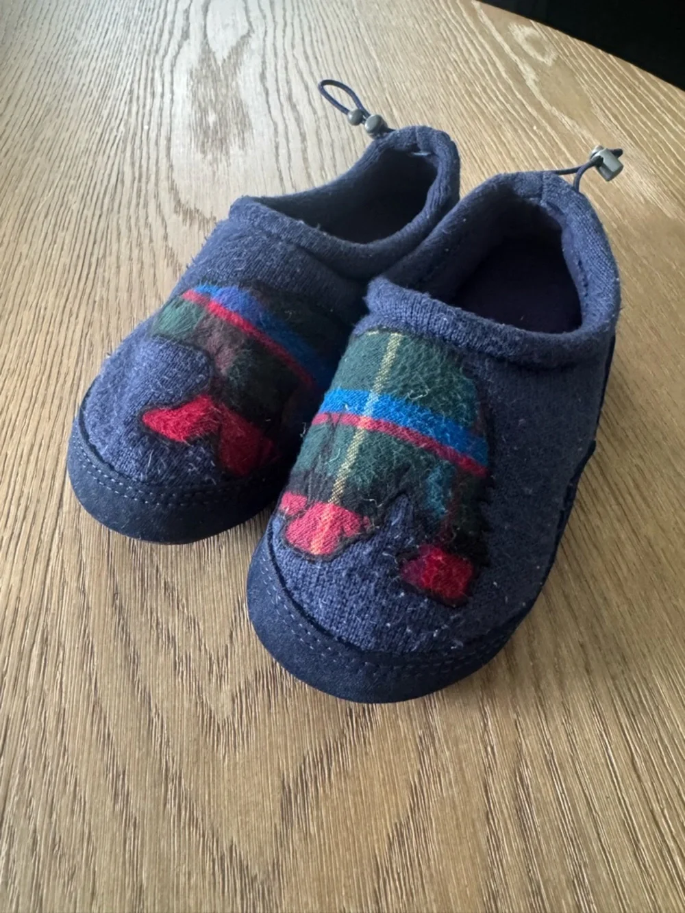Kids Navy Blue Plush Slip-On Shoes with Plaid Bear Accent